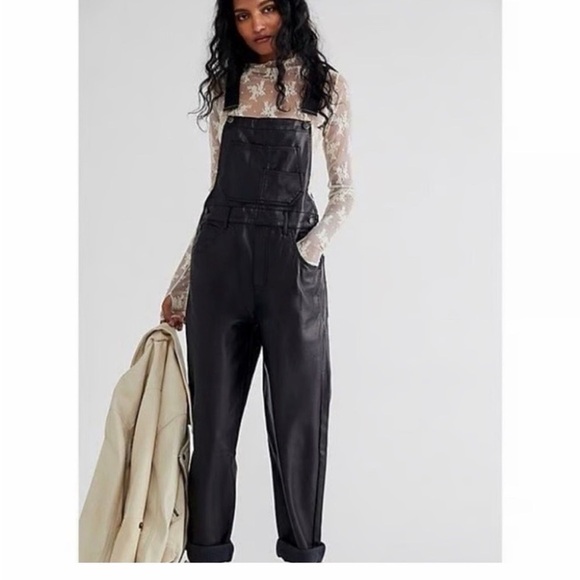 Free People Denim - Free People Black leather Overalls